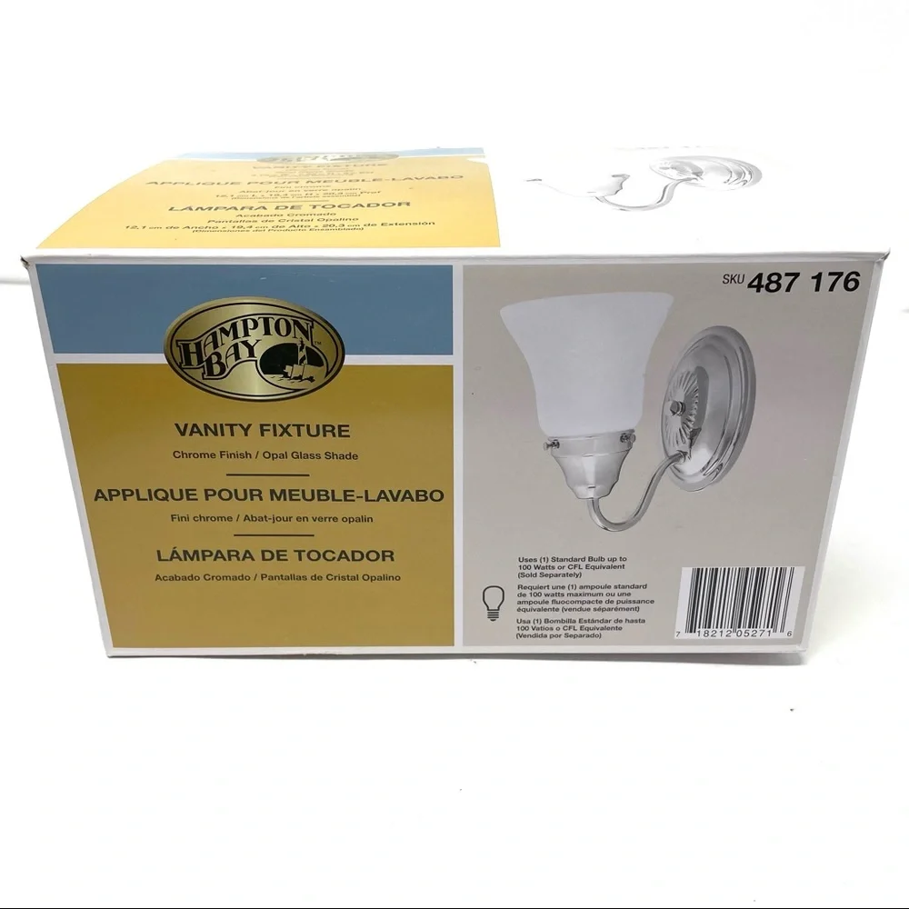 HAMPTON BAY Vanity fixture, chrome finish, opal glass shade, NWOT